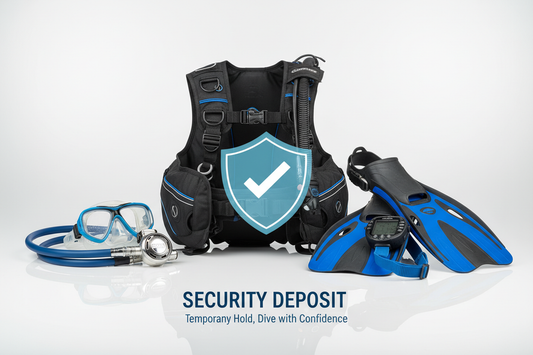 Generate a image for a webshop for a security deposit for rental of dive gear in 1:1 fomat